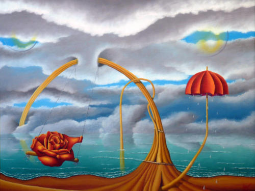 Een kwaadwillend ogende wolk tot kalmte manen,  To calm down a malicious looking cloud,  2005    (50x65 cm)